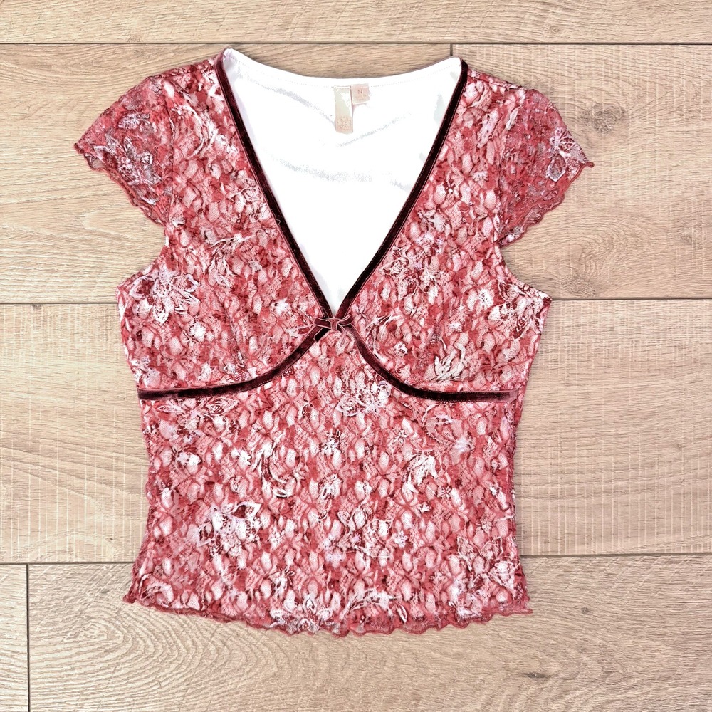 Y2K Burgundy Floral Lace Cap‎ Sleeve V Neck Baby Tee Velvet Trim M Fairy Grunge